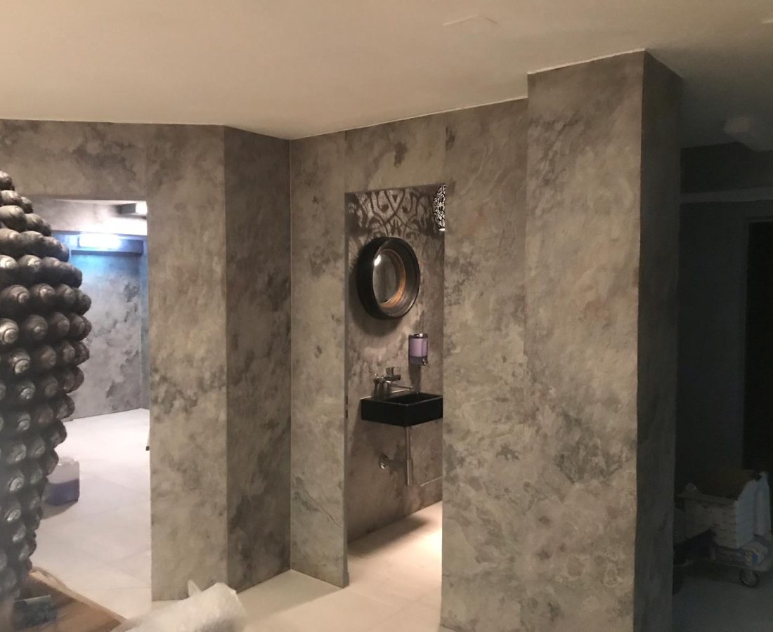 Skinrock wall cover grey gray buddha mirror sink